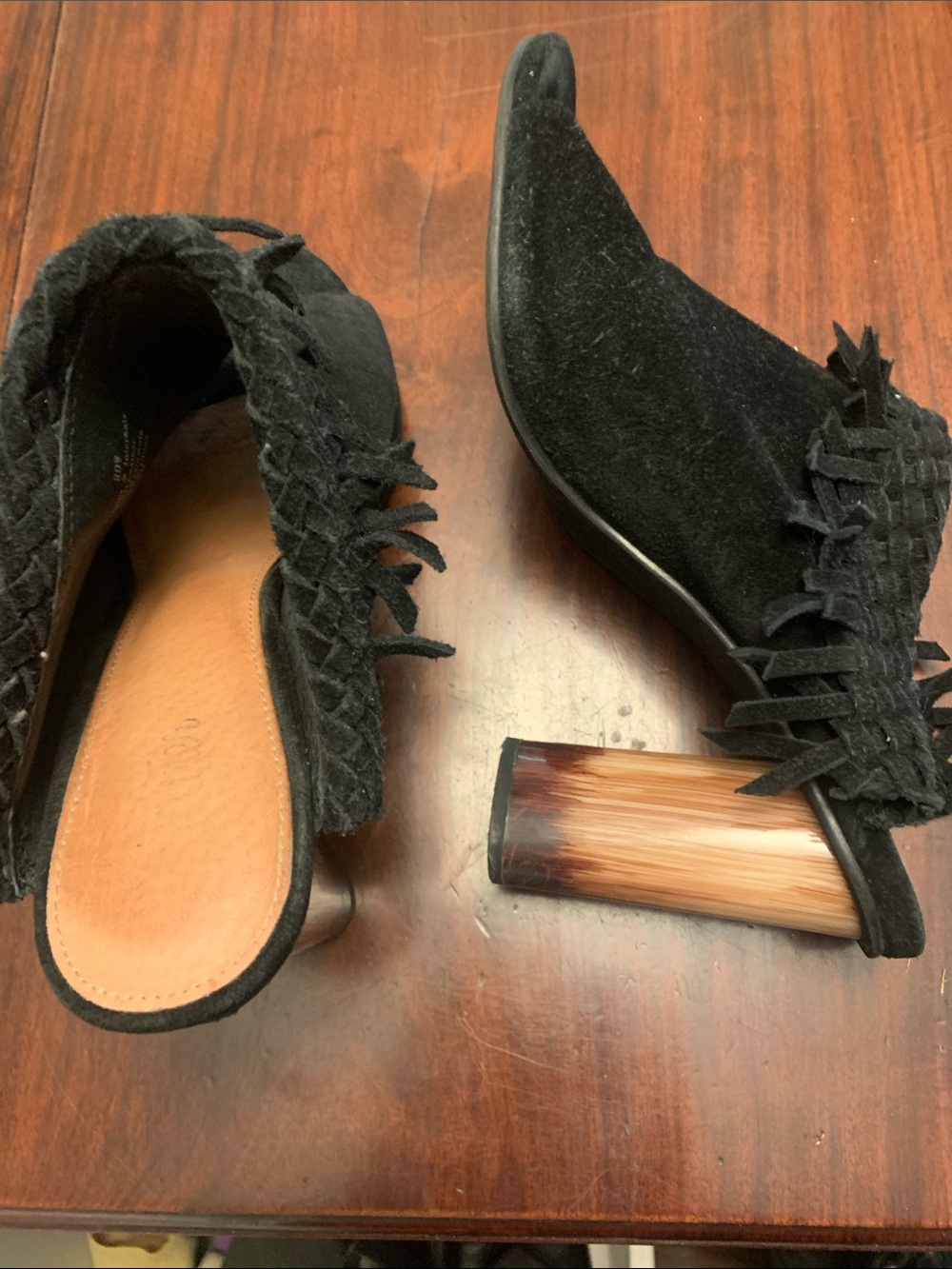 Wittner Black Suede Fringe Block Heel Mules with Wood-Look Heel